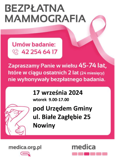 Bezpłatne badania mammograficzne w Nowinach