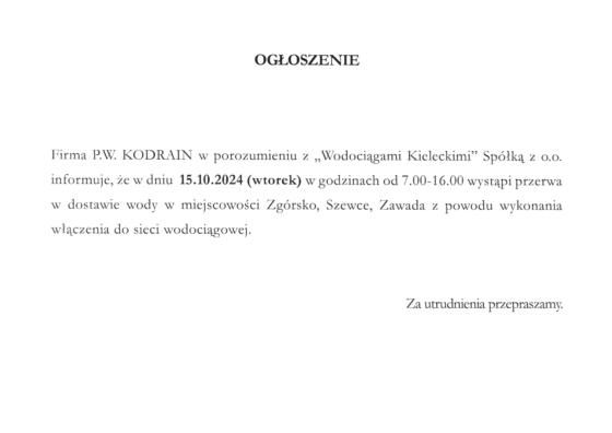 Przerwa w dostawie wody w miejscowości Zgórsko, Szewce, Zawada w dniu 15.10.2024 r.