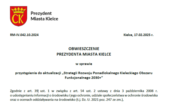 OBWIESZCZENIE PREZYDENTA MIASTA KIELCE